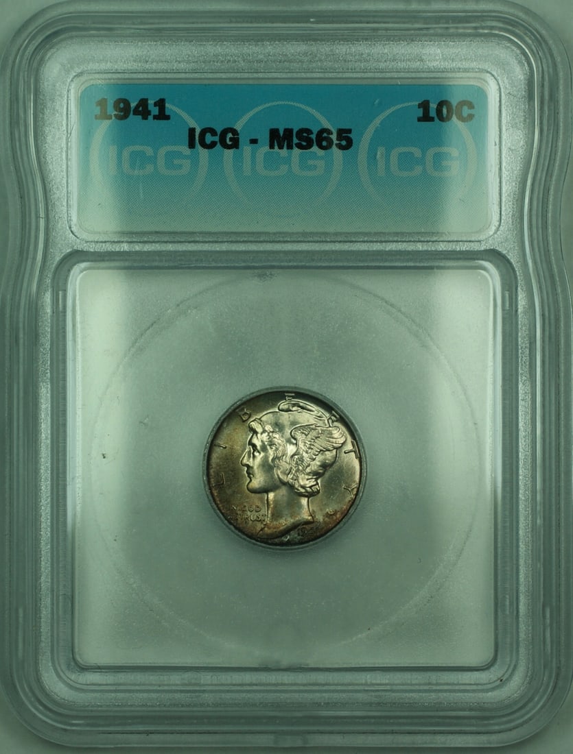 ICG Graded MS-65 1941 Mercury Silver Dime 10C Toned Coin: ICG Graded MS-65 1941 Mercury Silver Dime 10C Toned Coin This 1941 Mercury Silver Dime features a denomination of 10 cents and is composed of 90% silver. Certified by ICG with a grade of MS-65, this c