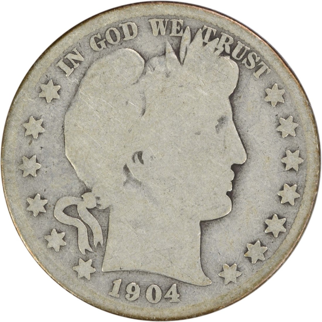 1904 San Francisco Barber Half Dollar 90 Percent Silver Uncertified Coin: 1904 San Francisco Barber Half Dollar 90 Percent Silver Uncertified Coin This 1904-S Barber Half Dollar is a circulated coin from the San Francisco Mint. Designed by Charles E. Barber, it is composed 