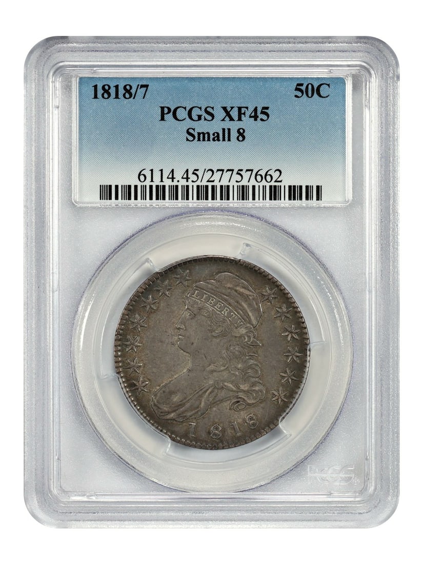 Capped Bust Half Dollar 1818 Overdate Small 8 PCGS XF45: Capped Bust Half Dollar 1818 Overdate Small 8 PCGS XF45 This 1818/7 Capped Bust Half Dollar features the scarce Small 8 overdate variety. Certified by PCGS with a grade of XF45, this circulated coin o