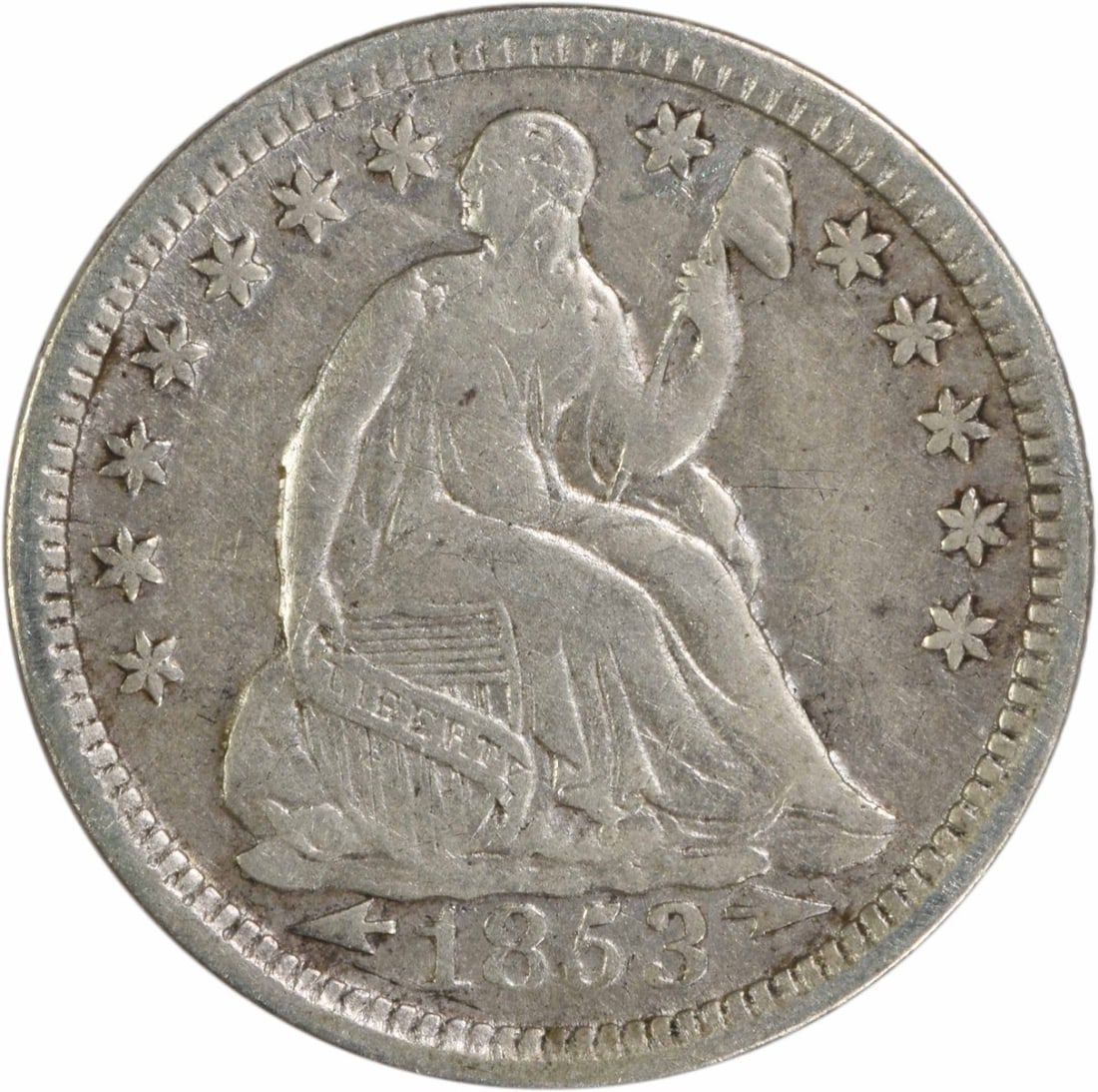 1853 Liberty Seated Half Dime 90% Silver Uncertified: 1853 Liberty Seated Half Dime 90% Silver Uncertified This 1853 Liberty Seated Silver Half Dime features an elegant design by Christian Gobrecht. Struck in Philadelphia, this circulated coin is compose