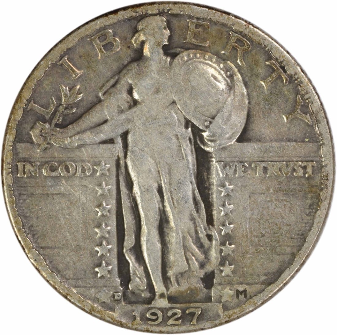 1927 Denver Standing Liberty Quarter VF 90 Percent Silver Uncertified: 1927 Denver Standing Liberty Quarter VF 90 Percent Silver Uncertified This is a 1927-D Standing Liberty Silver Quarter from the Denver Mint. The coin is circulated and graded VF (Very Fine). Designed 