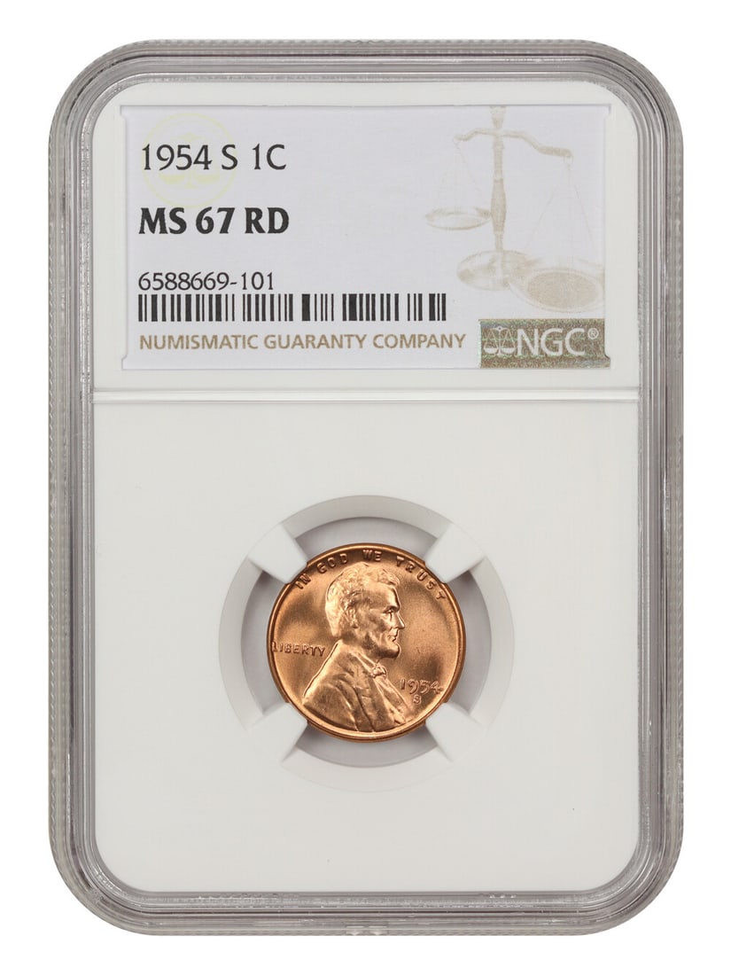 1954-S Lincoln Cent NGC MS67 RD Wheat Reverse Coin: 1954-S Lincoln Cent NGC MS67 RD Wheat Reverse Coin This stunning 1954-S Lincoln Cent features a blazing red hue and has been graded as MS67 RD by NGC, indicating its exceptional uncirculated condition
