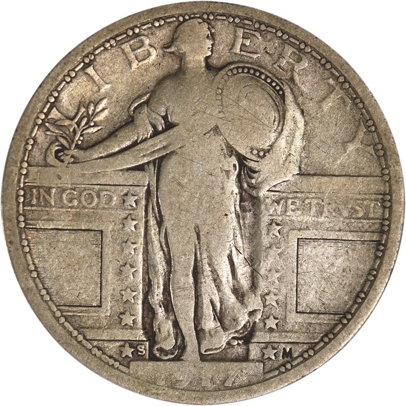 1917 San Francisco Silver Standing Liberty Quarter Type 1 Coin: 1917 San Francisco Silver Standing Liberty Quarter Type 1 Coin This 1917-S Type 1 Standing Liberty Quarter is a circulated silver coin minted in San Francisco in 1917. It is uncertified and originates