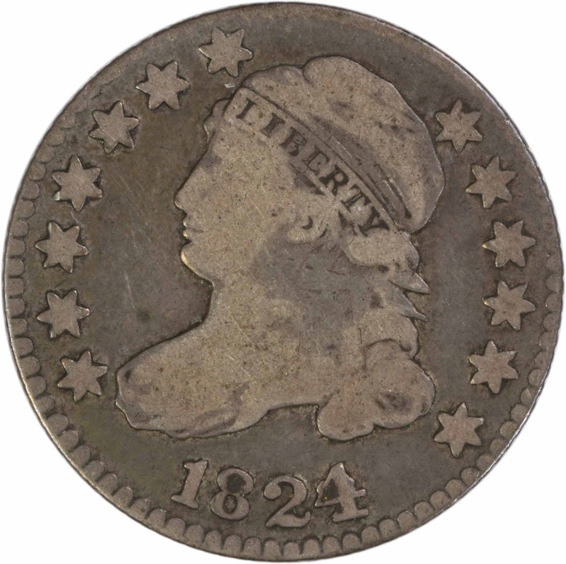 Capped Bust Dime 1824 Over 2 Variety Silver Coin VG Grade Uncertified: Capped Bust Dime 1824 Over 2 Variety Silver Coin VG Grade Uncertified This is an 1824/2 Capped Bust silver dime from the United States, minted in Philadelphia. The coin is circulated and graded VG (Ve