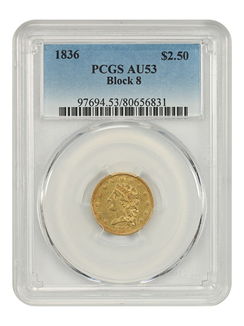 1836 Classic Head Quarter Eagle Gold Coin PCGS AU53: 1836 Classic Head Quarter Eagle Gold Coin PCGS AU53 This 1836 Classic Head $2.50 Quarter Eagle gold coin, graded AU53 by PCGS, features well-defined details with a light sheen of wear. Struck at the P
