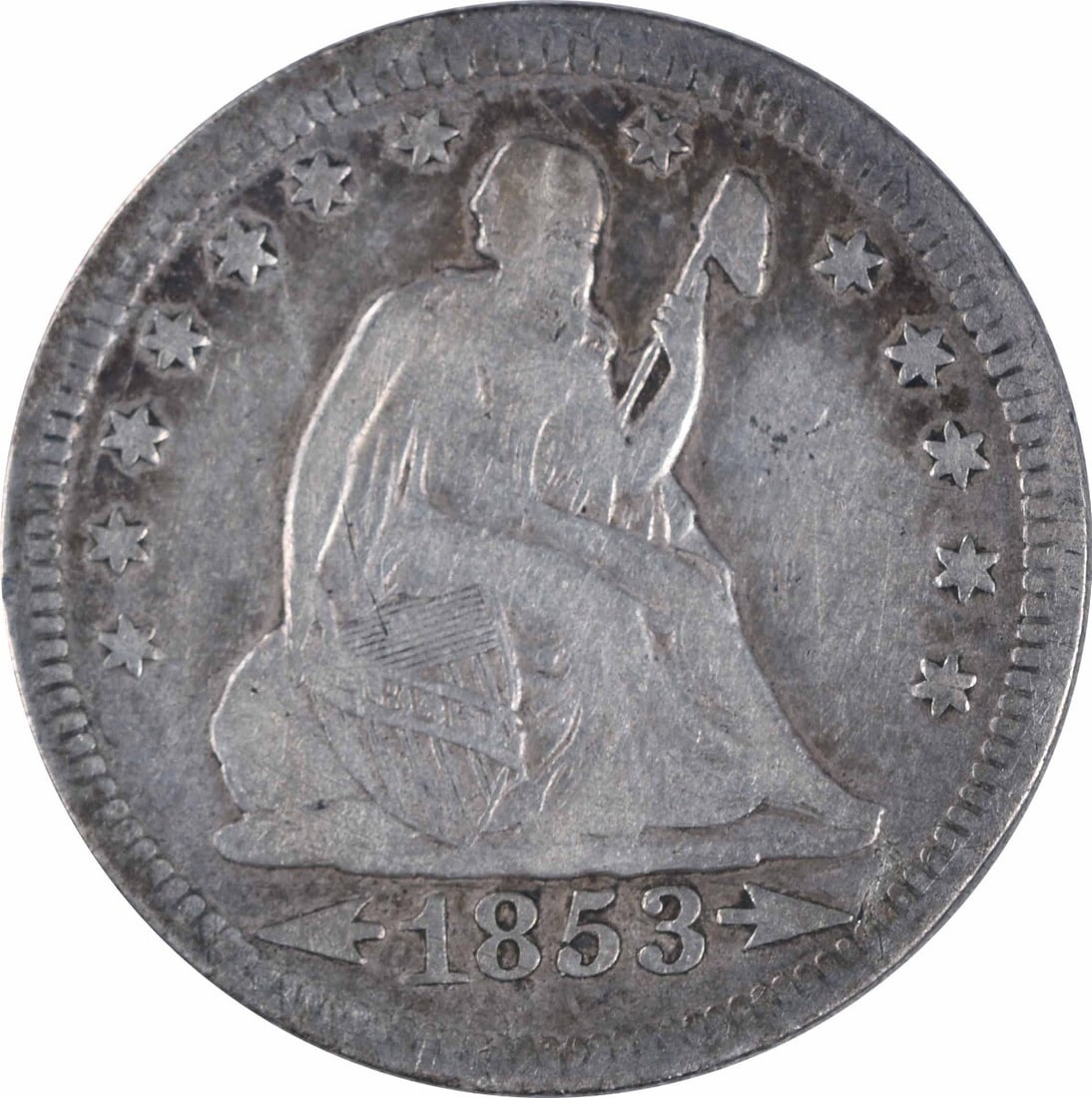 1853-O Liberty Seated Quarter Arrows Rays 25C Uncertified Silver Coin: 1853-O Liberty Seated Quarter Arrows Rays 25C Uncertified Silver Coin This 1853-O Liberty Seated Quarter features the Arrows and Rays design, representing a unique historical piece from the New Orlean