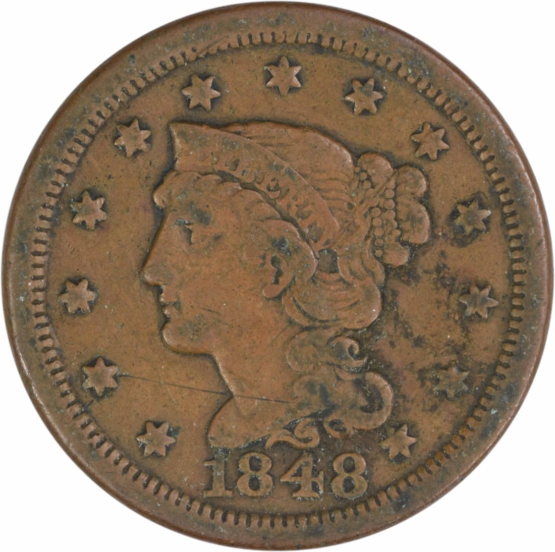 1848 Braided Hair Large Cent Philadelphia Copper Coin VF Uncertified: 1848 Braided Hair Large Cent Philadelphia Copper Coin VF Uncertified This 1848 Braided Hair Large Cent from the United States was struck at the Philadelphia Mint. Designed by Christian Gobrecht, this 