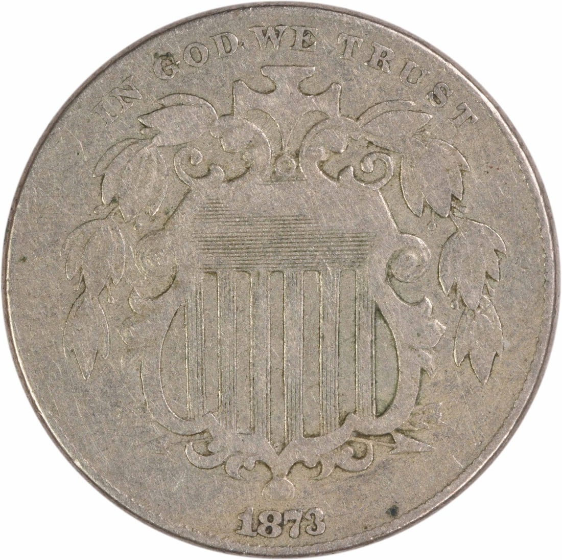 1873 United States Shield Nickel Open 3 VF Grade Uncertified Coin: 1873 United States Shield Nickel Open 3 VF Grade Uncertified Coin This 1873 Shield Nickel features the Open 3 variety and is graded VF (Very Fine). It is a circulated, uncertified coin minted in Phila