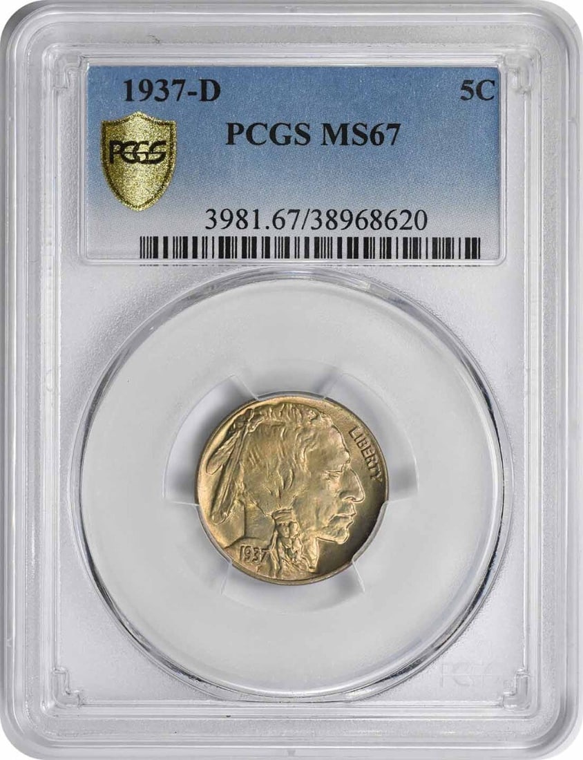 PCGS MS67 1937 Denver Mint Buffalo Nickel Uncirculated Five Cent Coin: PCGS MS67 1937 Denver Mint Buffalo Nickel Uncirculated Five Cent Coin This is a 1937-D Buffalo Nickel, graded MS67 by PCGS. The coin is uncirculated and made of nickel, originating from the United Sta
