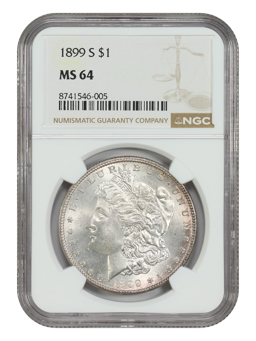 NGC MS64 1899 San Francisco Morgan Silver Dollar Scarce Issue: NGC MS64 1899 San Francisco Morgan Silver Dollar Scarce Issue This 1899-S Morgan Dollar is graded MS64 by NGC and was minted at the San Francisco Mint. It is an uncirculated, pre-owned coin and is con