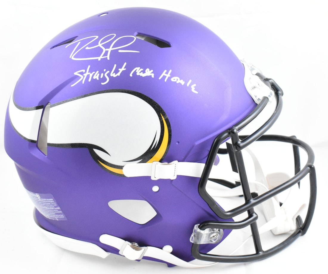 Minnesota Vikings Full Size Speed Authentic Helmet Signed by Randy Moss Beckett: Minnesota Vikings Full Size Speed Authentic Helmet Signed by Randy Moss Beckett This Minnesota Vikings full-size Speed Authentic helmet features the authentic signature of Randy Moss. The helmet is an