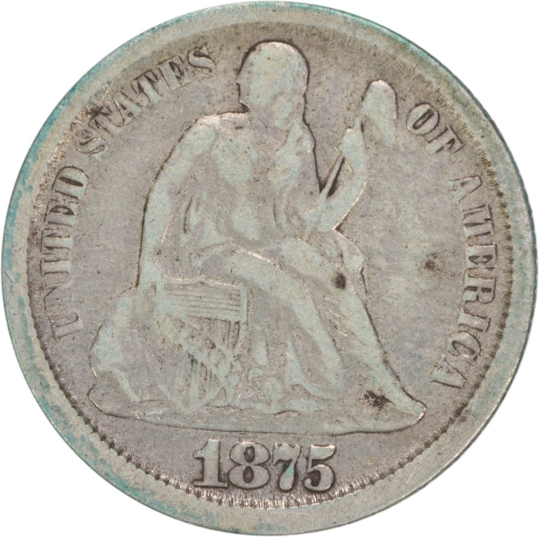 1875-CC Liberty Seated Silver Dime 10C F Uncertified: 1875-CC Liberty Seated Silver Dime 10C F Uncertified This 1875-CC Liberty Seated Silver Dime features a classic design by Christian Gobrecht and is a remarkable addition for any coin collector. Minted