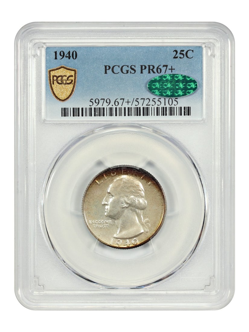 PCGS CAC PR67 Plus 1940 Proof Washington Quarter 25C Philadelphia: PCGS CAC PR67 Plus 1940 Proof Washington Quarter 25C Philadelphia This is a 1940 Washington Quarter, denomination 25C, certified by PCGS with a CAC seal and graded PR67+. This early proof coin from th