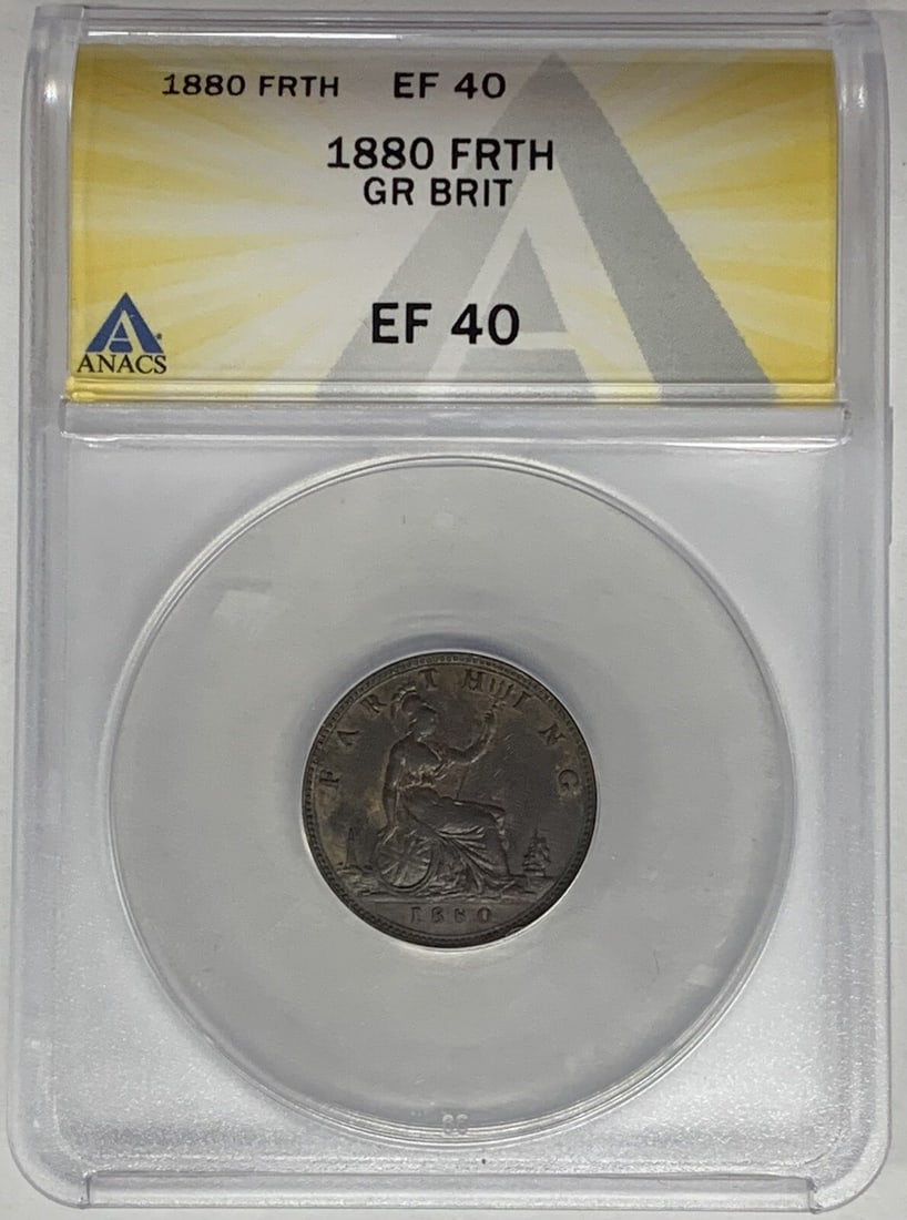 ANACS XF 40 Certified 1880 United Kingdom Farthing Coin: ANACS XF 40 Certified 1880 United Kingdom Farthing Coin This 1880 Great Britain Farthing coin has been certified by ANACS with a grade of XF 40. It is a pre-owned coin from the United Kingdom, with a 
