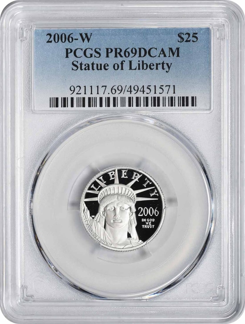 2006-W $25 American Platinum Eagle PR69DCAM PCGS Statue of Liberty Coin: 2006-W $25 American Platinum Eagle PR69DCAM PCGS Statue of Liberty Coin This stunning 2006-W $25 American Platinum Eagle coin is a remarkable addition for collectors. It features a perfect PR69DCAM gr