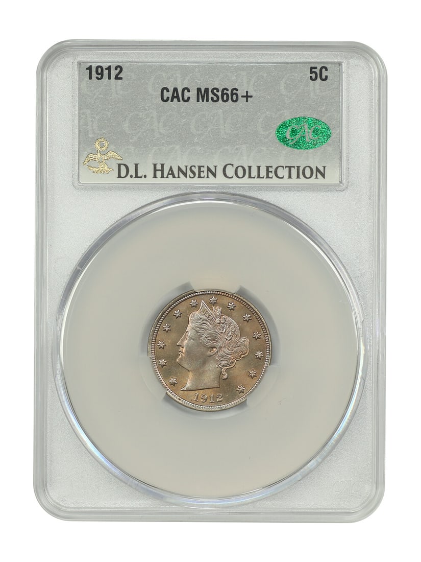 1912 Liberty Nickel CACG MS66+ D.L. Hansen Rare Coin: 1912 Liberty Nickel CACG MS66+ D.L. Hansen Rare Coin This 1912 Liberty Nickel is a remarkable uncirculated piece, certified by CACG with a grade of MS66+. It features exquisite peach fields accented b