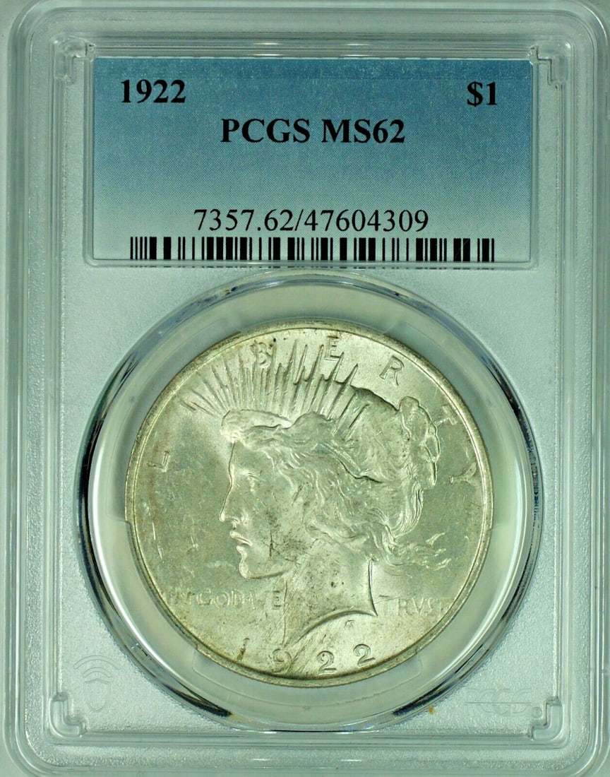 PCGS MS 62 1922 Peace Dollar Silver Coin United States $1: PCGS MS 62 1922 Peace Dollar Silver Coin United States $1 This is a 1922 Peace Silver Dollar $1 coin graded MS 62 by PCGS. The coin is uncirculated and composed of silver. It originates from the Unite