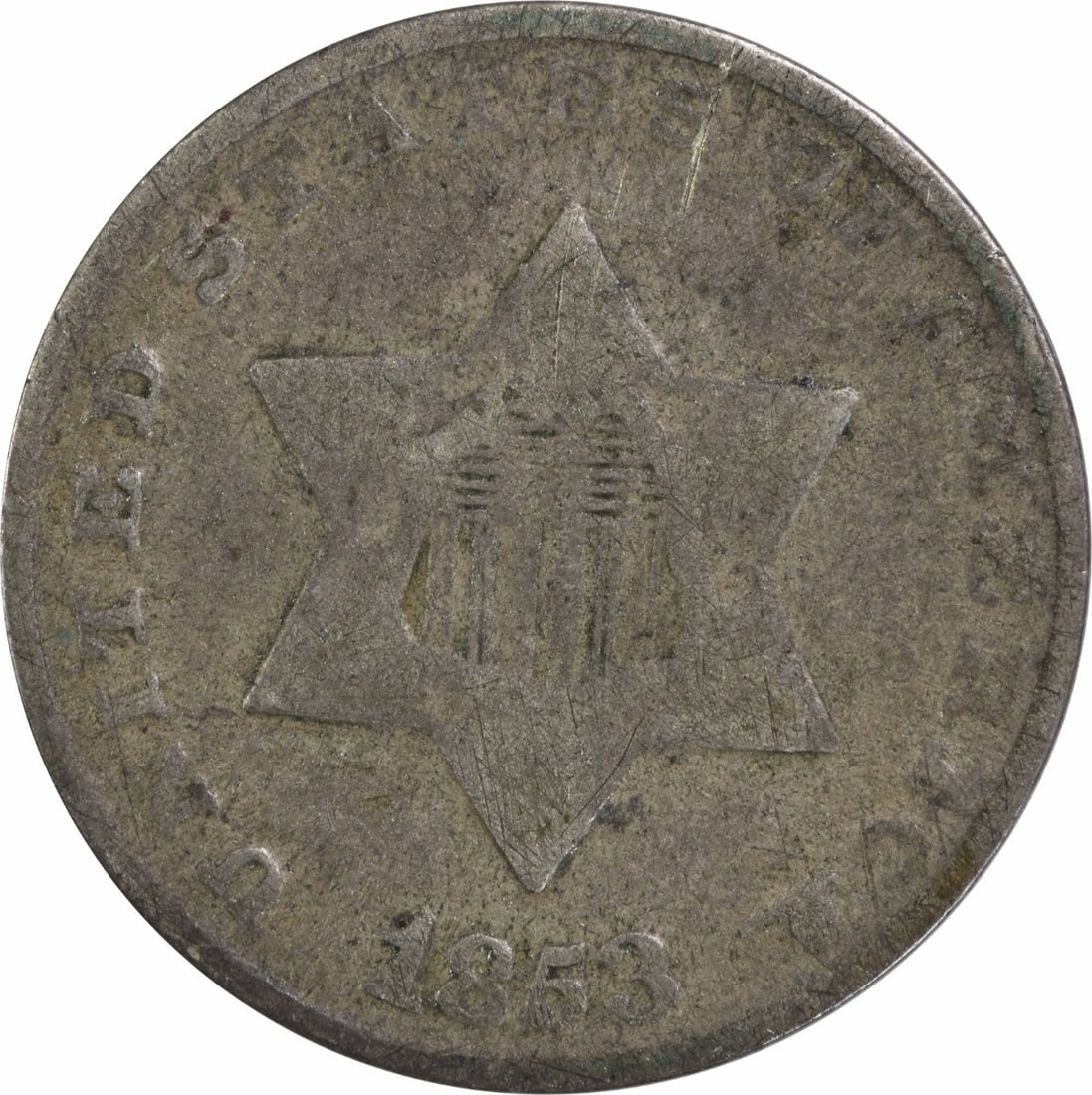 1853 Three Cent Silver Coin Uncertified Philadelphia Mint: 1853 Three Cent Silver Coin Uncertified Philadelphia Mint This 1853 Three Cent Silver coin is a notable piece from the United States, featuring a composition of 75% silver and 25% copper. Designed by 