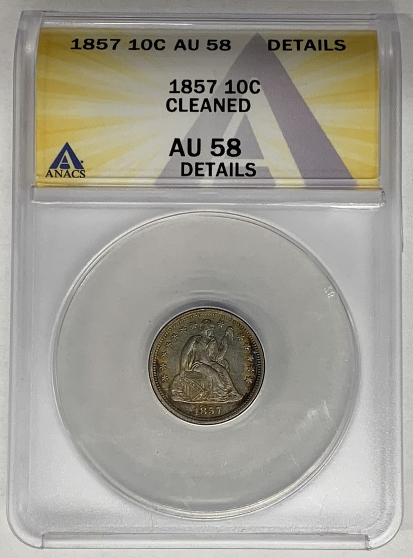 ANACS AU 58 1857 Seated Liberty Dime Toned 10C Cleaned: ANACS AU 58 1857 Seated Liberty Dime Toned 10C Cleaned This 1857 Seated Liberty Dime is a United States coin with a denomination of 10 cents. Certified by ANACS with a grade of AU 58 Details, it has b