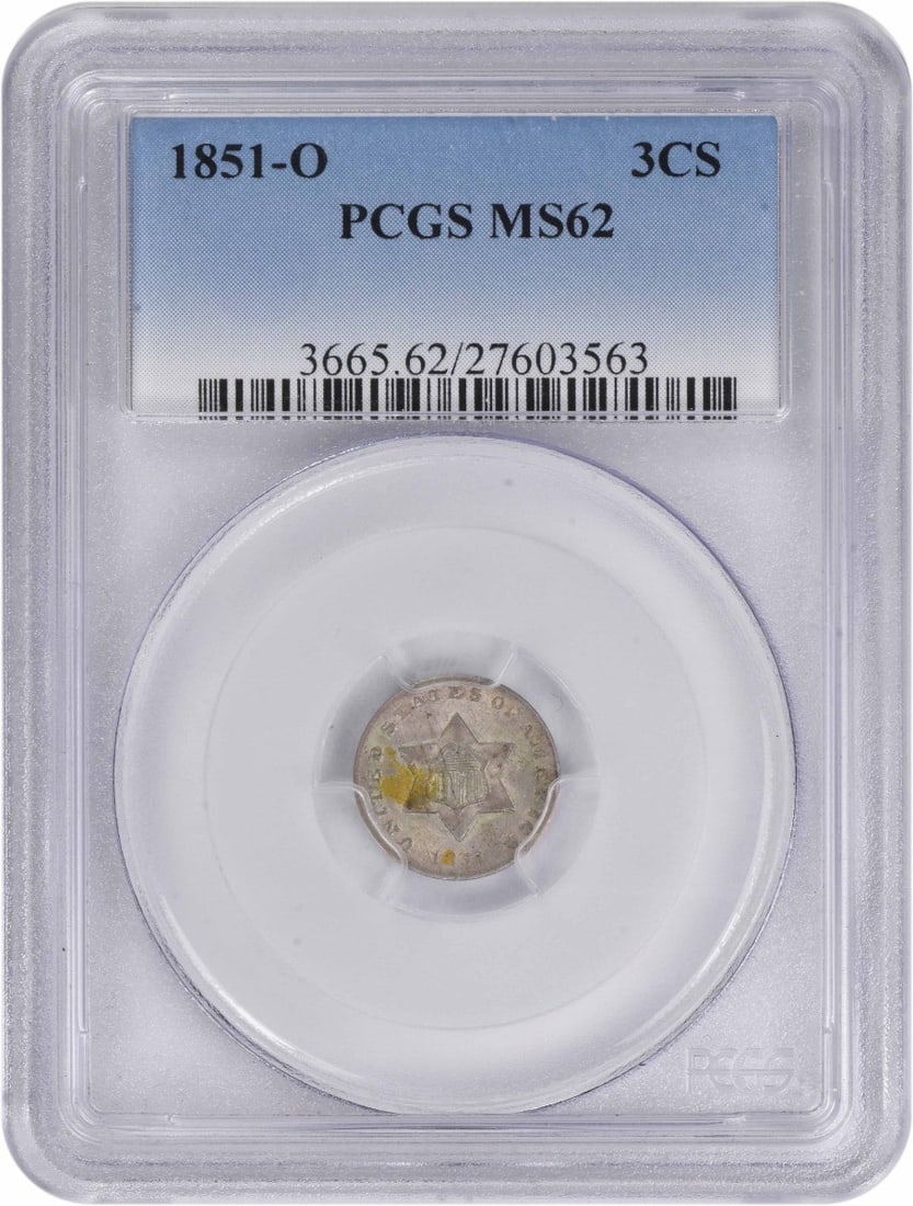 1851-O Three Cent Silver Coin MS62 PCGS Uncirculated: 1851-O Three Cent Silver Coin MS62 PCGS Uncirculated This 1851-O Three Cent Silver coin, certified by PCGS as MS62, is a remarkable piece of numismatic history. Struck in New Orleans, this uncirculate