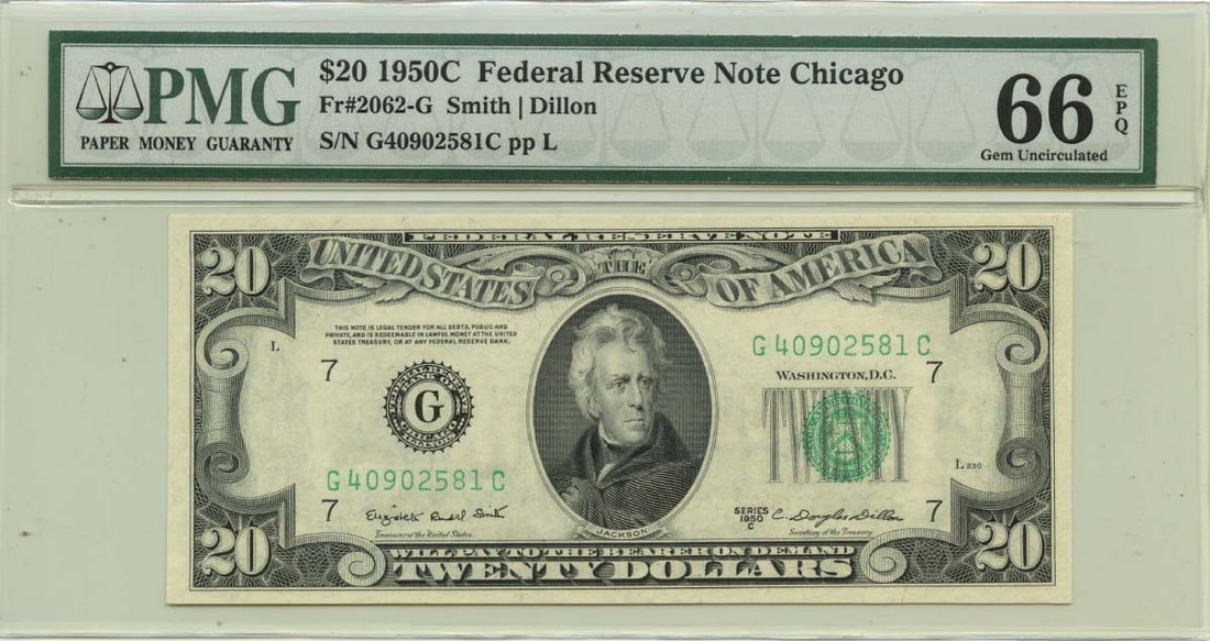1950C $20 Chicago Federal Reserve Note Fr# 2062-G PMG Gem66 EPQ: 1950C $20 Chicago Federal Reserve Note Fr# 2062-G PMG Gem66 EPQ This 1950 $20 Federal Reserve Note from the Chicago district (Fr# 2062-G) is a remarkable piece for collectors. Graded as PMG Gem 66 EPQ
