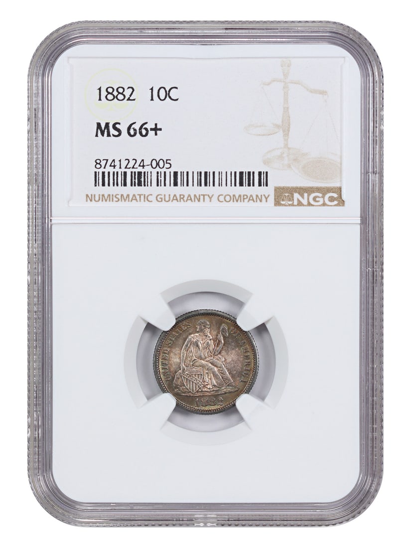 NGC MS66 Plus 1882 Liberty Seated Dime 10C Philadelphia: NGC MS66 Plus 1882 Liberty Seated Dime 10C Philadelphia This 1882 Liberty Seated Dime is a certified uncirculated coin graded MS66+ by NGC. Struck in Philadelphia, it is an exceptional gem example fea