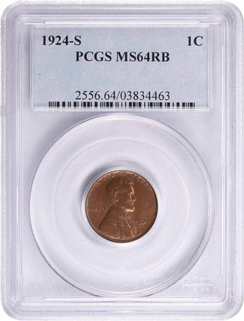1924-S Lincoln Wheat Cent MS64RB Certified PCGS Copper Coin: 1924-S Lincoln Wheat Cent MS64RB Certified PCGS Copper Coin This 1924-S Lincoln Cent, certified by PCGS as MS64RB, is a stunning example of a Small Cent. The coin features a composition of copper and 