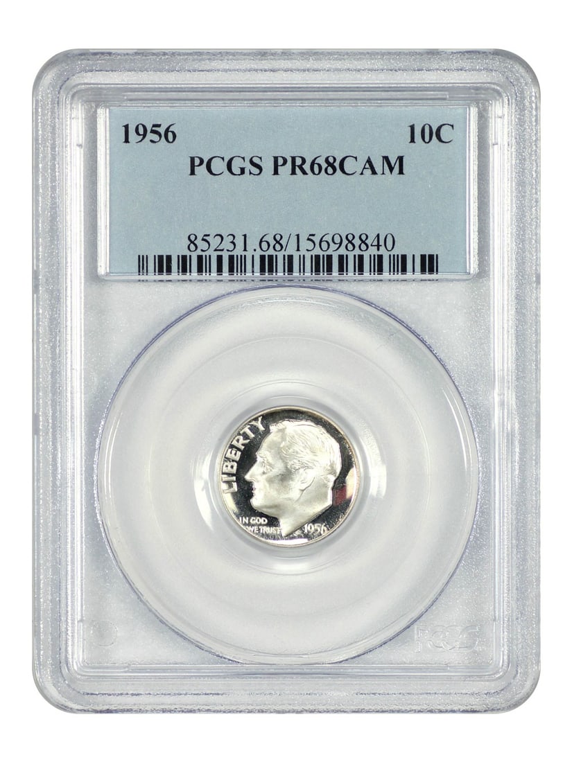 PCGS PR68CAM 1956 Proof Roosevelt Dime Philadelphia Mint: PCGS PR68CAM 1956 Proof Roosevelt Dime Philadelphia Mint This 1956 Roosevelt Dime is a proof coin graded PR68CAM by PCGS, indicating a high-quality specimen with cameo contrast. The coin is uncirculat