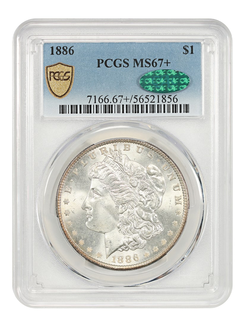 PCGS CAC MS67 Plus 1886 Morgan Silver Dollar Philadelphia Mint: PCGS CAC MS67 Plus 1886 Morgan Silver Dollar Philadelphia Mint This 1886 Morgan Dollar is certified by PCGS with a CAC sticker and graded MS67+. Struck at the Philadelphia Mint, it is a highly collect