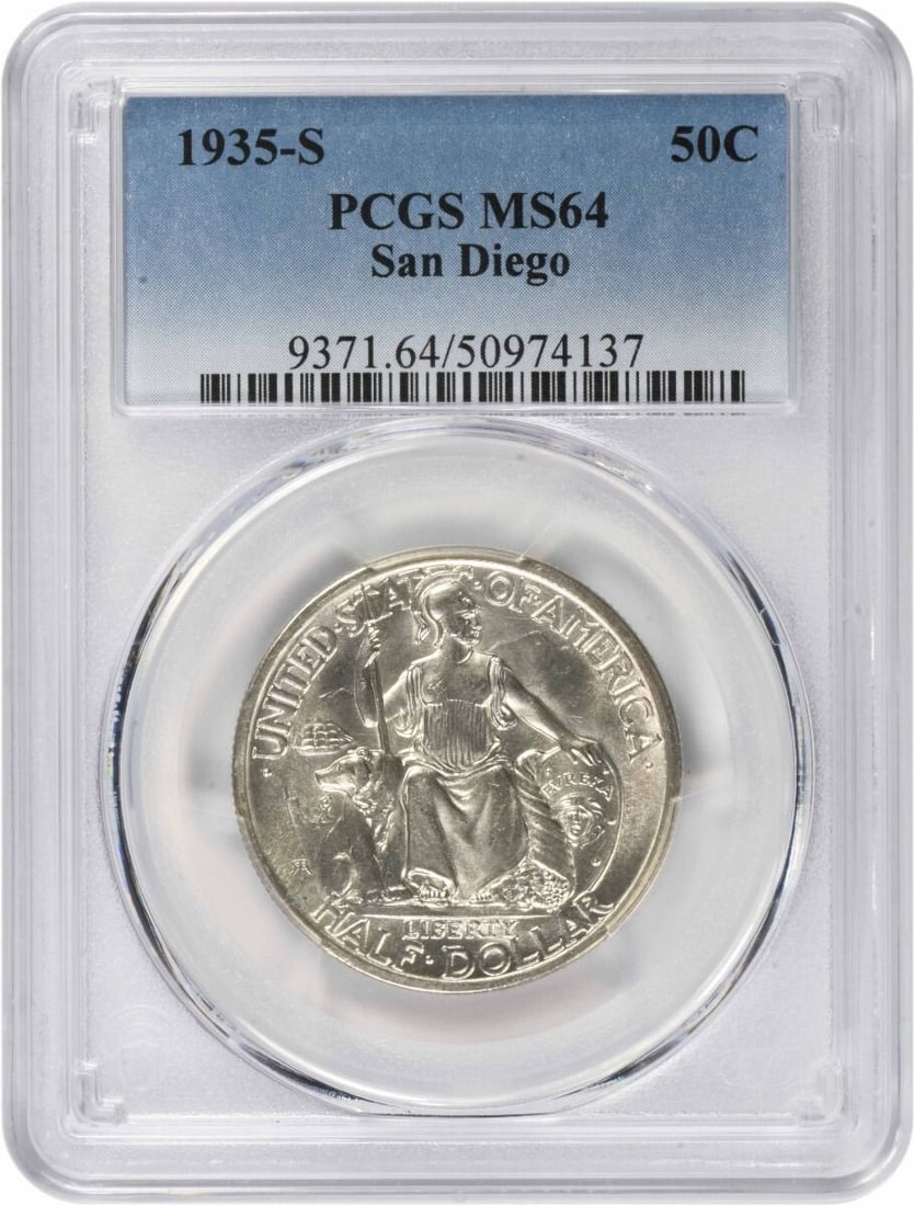 1935-S San Diego Commemorative Silver Half Dollar MS64 PCGS: 1935-S San Diego Commemorative Silver Half Dollar MS64 PCGS This 1935-S San Diego Commemorative Silver Half Dollar is a remarkable piece for any collector. Graded MS64 by PCGS, this coin features a be