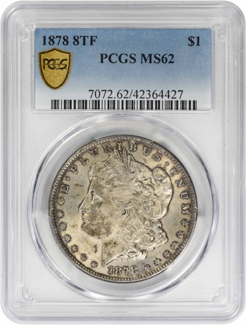 PCGS MS62 1878 8 Tail Feathers Morgan Dollar 90% Silver Philadelphia: PCGS MS62 1878 8 Tail Feathers Morgan Dollar 90% Silver Philadelphia This 1878 Morgan Silver Dollar features the 8 Tail Feathers variety and has been certified by PCGS with a grade of MS62. Struck at 