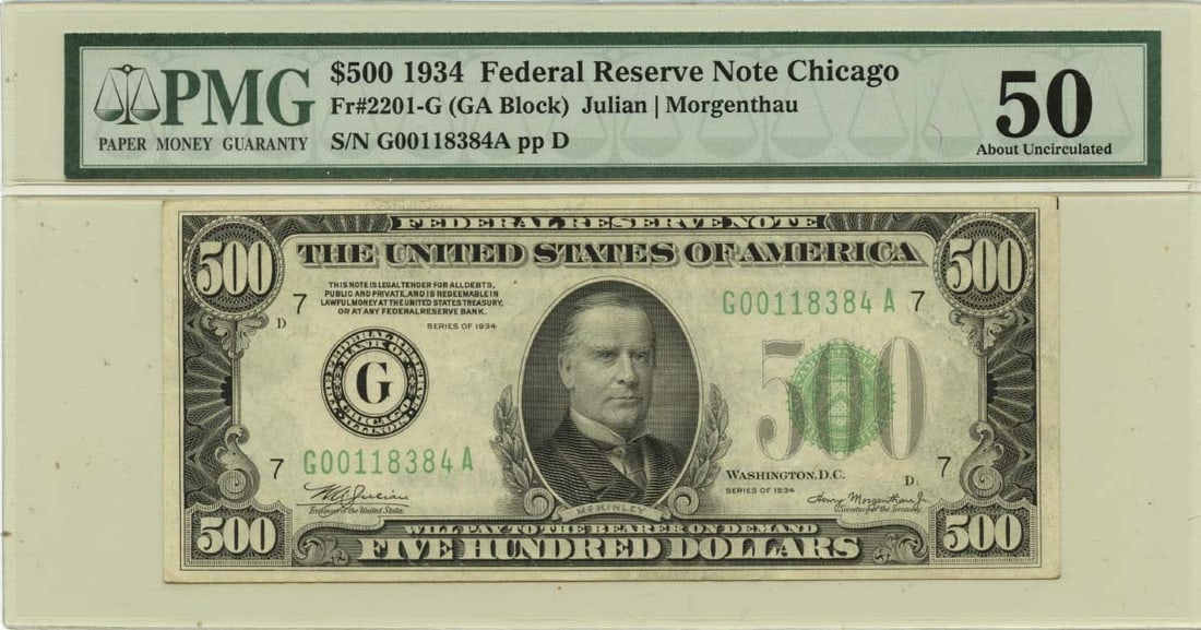 PMG AU50 1934 $500 Chicago Federal Reserve Note Dark Green Seal: PMG AU50 1934 $500 Chicago Federal Reserve Note Dark Green Seal This 1934 $500 Federal Reserve Note from Chicago features a dark green seal and has been professionally graded AU50 Choice by PMG. The n
