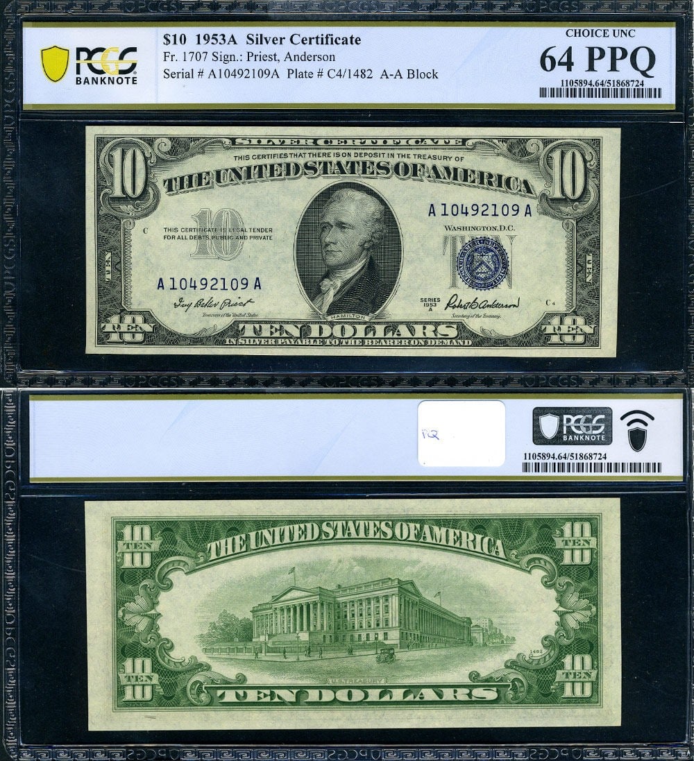 1953-A $10 Silver Certificate PCGS CU64 PPQ A-A Block: 1953-A $10 Silver Certificate PCGS CU64 PPQ A-A Block This is a FR. 1707 $10 1953-A Silver Certificate from the A-A block, certified by PCGS as Choice CU64 PPQ. The note features excellent paper quali