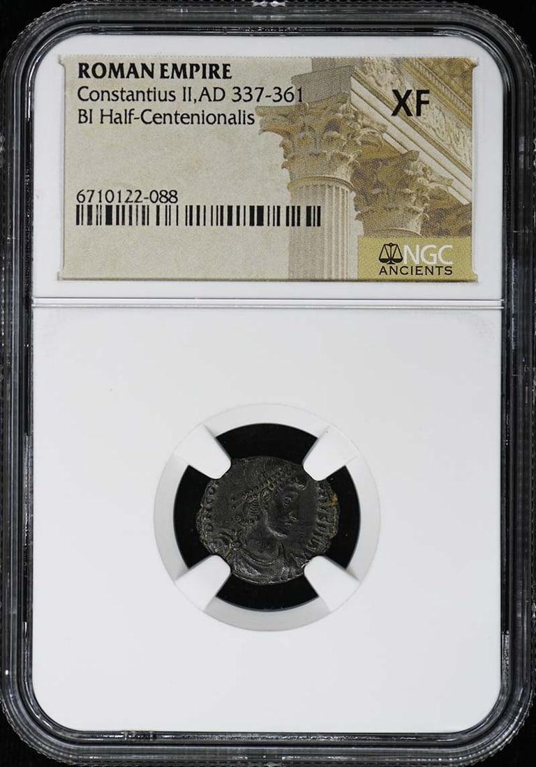 NGC XF Constantius II Roman Empire Half-Centenionalis Coin: NGC XF Constantius II Roman Empire Half-Centenionalis Coin This is a Roman Empire BI Half-Centenionalis coin minted during the reign of Constantius II (AD 337-361). The coin is certified by NGC and gr