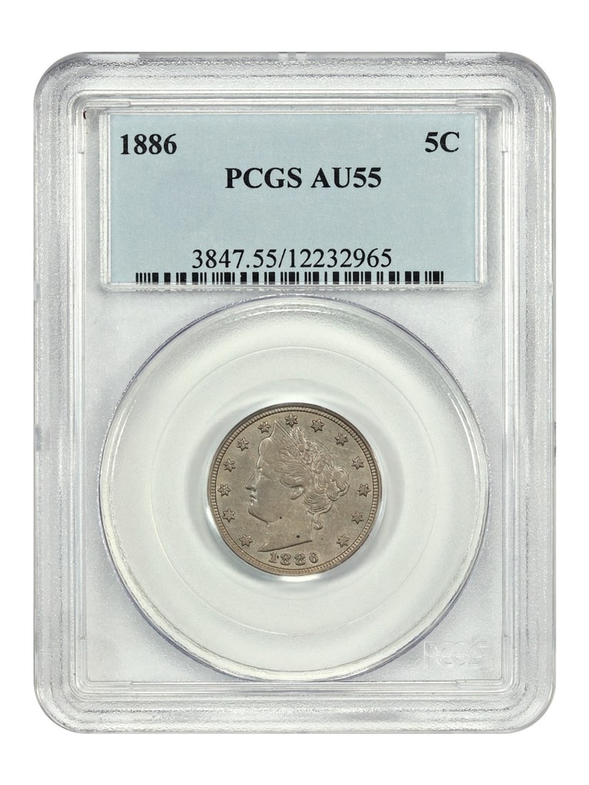 1886 Liberty Nickel 5C PCGS AU55 Key Date Circulated: 1886 Liberty Nickel 5C PCGS AU55 Key Date Circulated This 1886 Liberty Nickel, graded AU55 by PCGS, is a key date in the V-Nickel series. It features circulated condition with stunning hazy purple and
