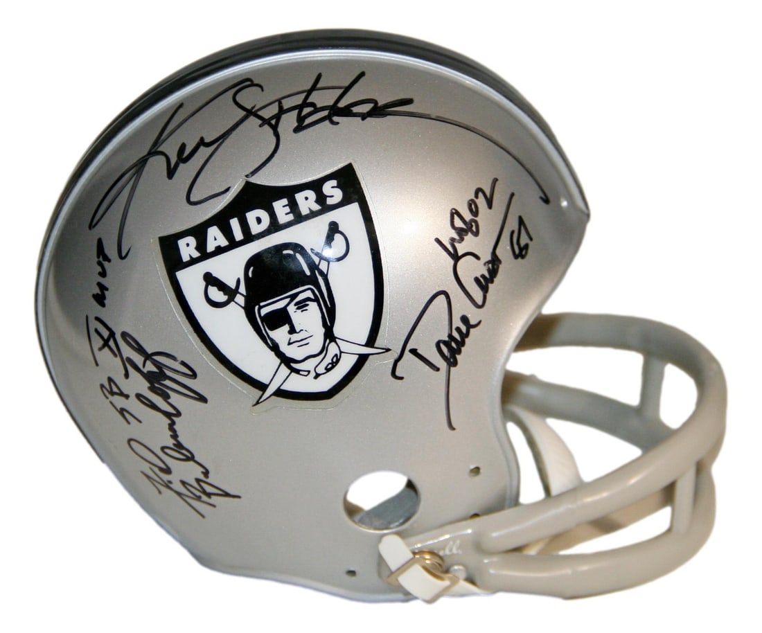 PSA Authenticated Mini Helmet Signed by Ken Stabler and Five Raiders Hall of Famers: PSA Authenticated Mini Helmet Signed by Ken Stabler and Five Raiders Hall of Famers This collectible mini helmet features signatures from Oakland Raiders Hall of Famers, including Ken Stabler. The hel