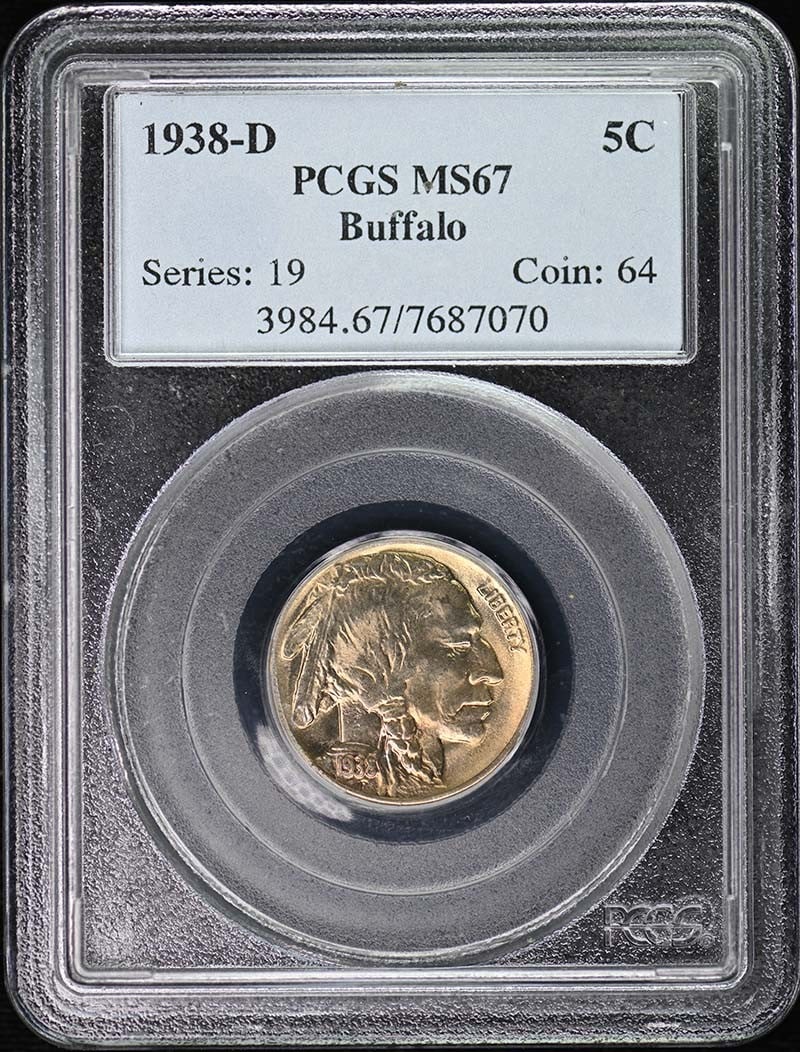 1938-D Buffalo Nickel PCGS MS67 Denver Mint Certified: 1938-D Buffalo Nickel PCGS MS67 Denver Mint Certified This 1938-D Buffalo Nickel is graded MS67 by PCGS, ensuring its high quality as an uncirculated piece. Struck in Denver, this nickel showcases the