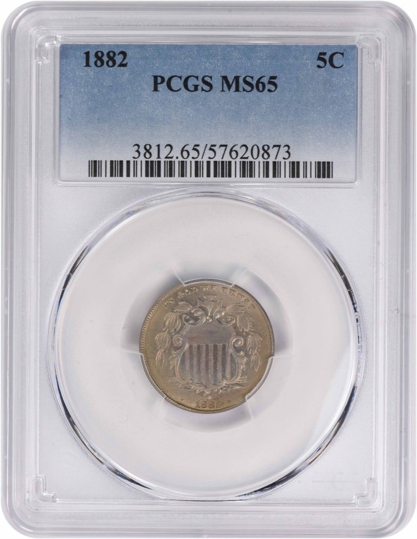1882 Shield Nickel MS65 PCGS Uncirculated 5C Coin by Longacre: 1882 Shield Nickel MS65 PCGS Uncirculated 5C Coin by Longacre This 1882 Shield Nickel, graded MS65 by PCGS, is an uncirculated coin with a striking design by James Barton Longacre. Minted in Philadelp