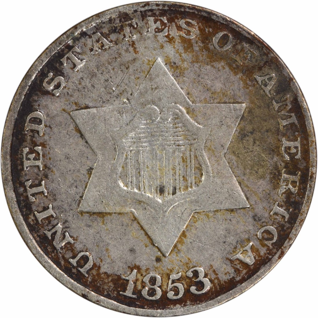 1853 Three Cent Silver Coin Uncertified Philadelphia Mint (1 of 2)