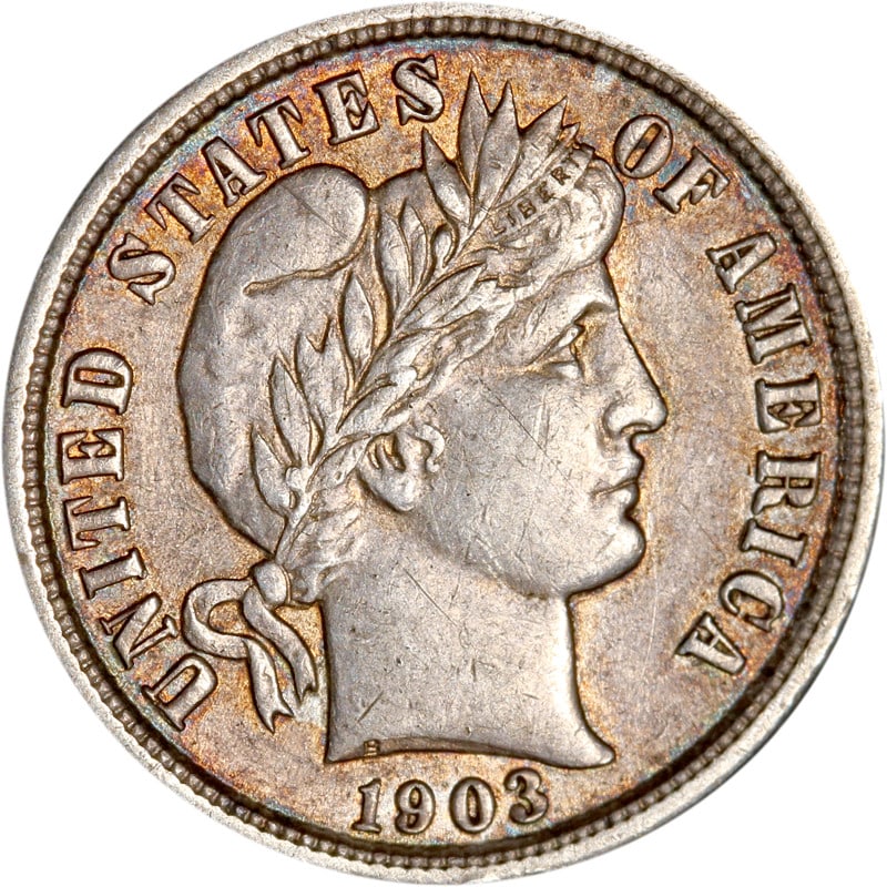 1903 Philadelphia Silver Barber Dime United States Circulated Coin: 1903 Philadelphia Silver Barber Dime United States Circulated Coin This is a 1903-P Barber Dime minted in Philadelphia. The coin is composed of silver and has been circulated. It is pre-owned and unce