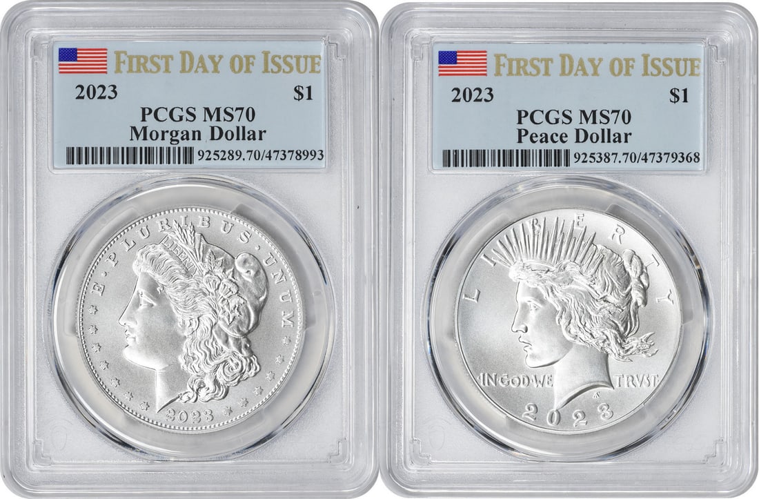 2023 Morgan Peace Silver Dollar 2-Coin Set MS70 First Day of Issue PCGS: 2023 Morgan Peace Silver Dollar 2-Coin Set MS70 First Day of Issue PCGS This 2023 Morgan and Peace Silver Dollar 2-Coin Set features a stunning uncirculated finish, making it a prized addition for any
