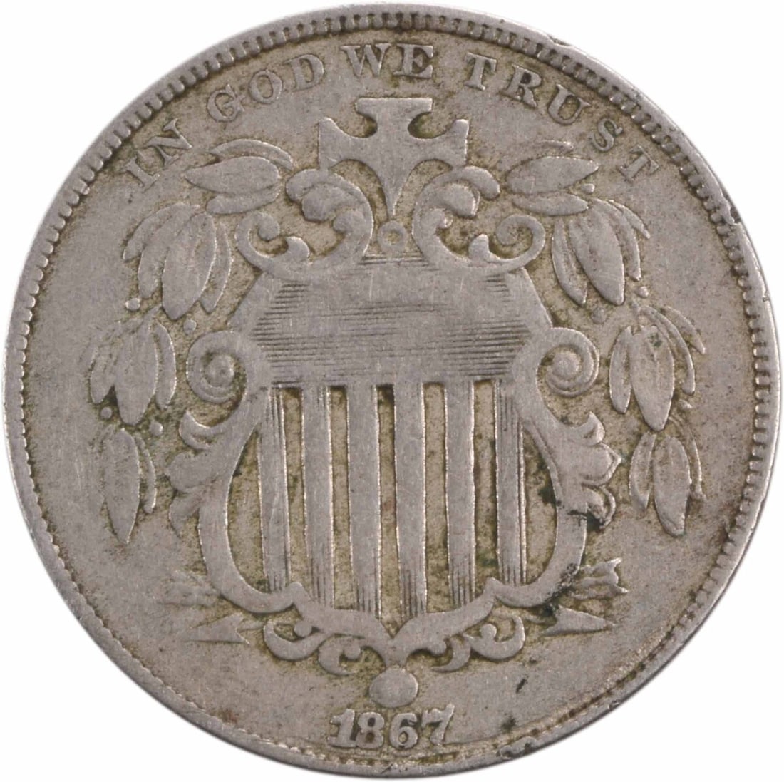 1867 Shield Nickel VF Uncertified Coin by Longacre 5C: 1867 Shield Nickel VF Uncertified Coin by Longacre 5C This 1867 Shield Nickel is a remarkable piece of numismatic history, featuring a vintage design by James Barton Longacre. The coin, which has been