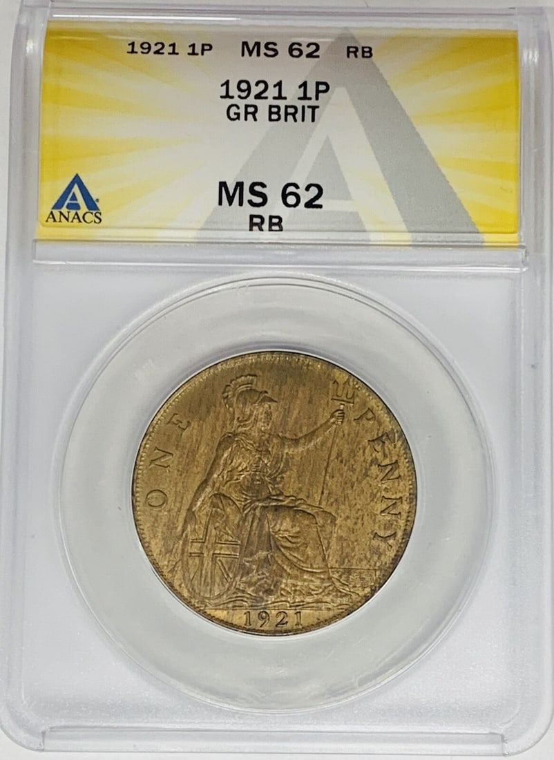 1921 United Kingdom Penny ANACS MS 62 Red Brown Certified Coin: 1921 United Kingdom Penny ANACS MS 62 Red Brown Certified Coin This 1921 Great Britain 1 Penny is an uncirculated coin graded MS 62 RB by ANACS. It features the RB (red-brown) color designation and is