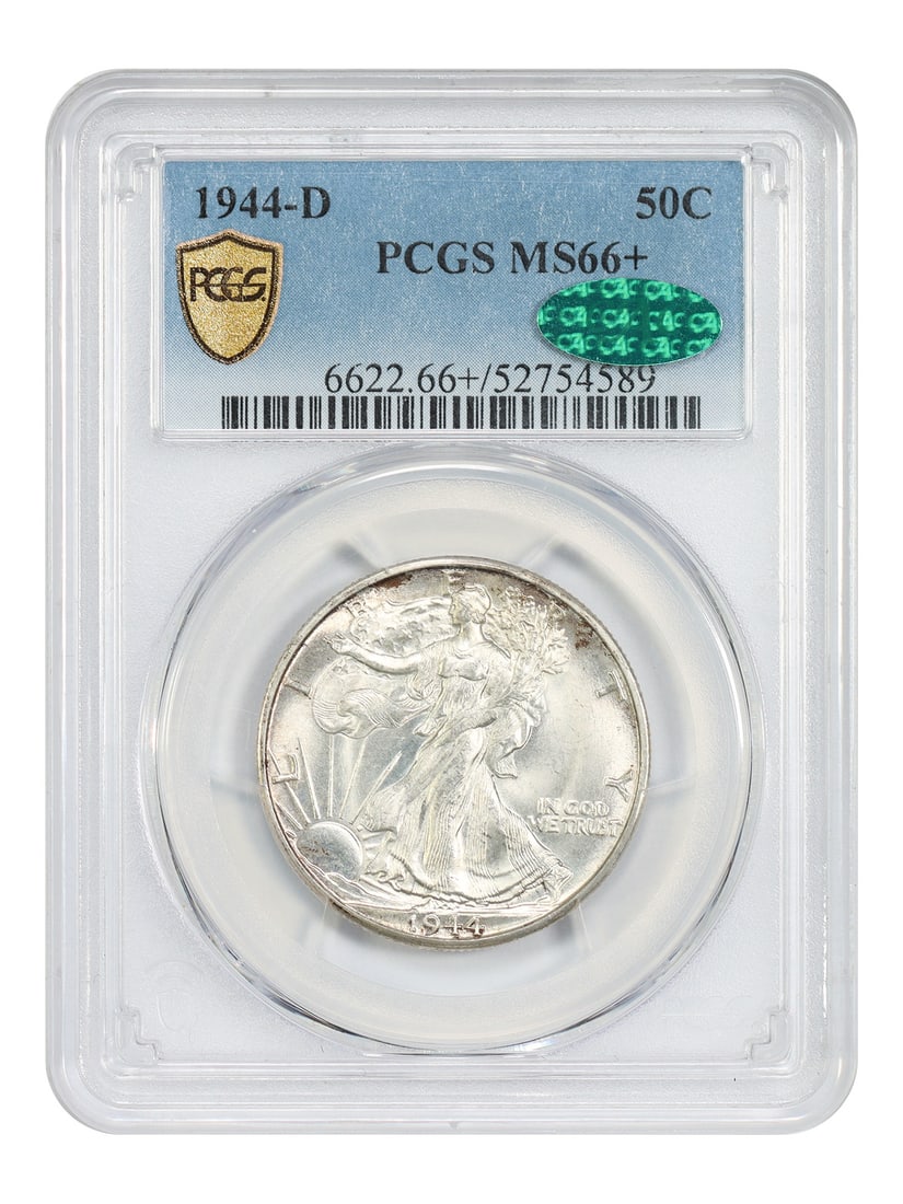 PCGS CAC MS66 Plus 1944-D Walking Liberty Half Dollar Coin: PCGS CAC MS66 Plus 1944-D Walking Liberty Half Dollar Coin This 1944-D Walking Liberty Half Dollar is certified by PCGS and features a CAC approval. Graded MS66+, this uncirculated coin was struck at 