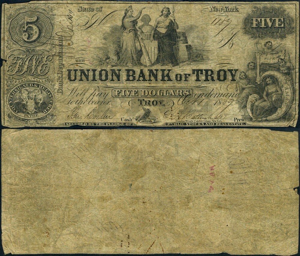 1859 Union Bank of Troy Five Dollar National Note Spurious Example (1 of 3)