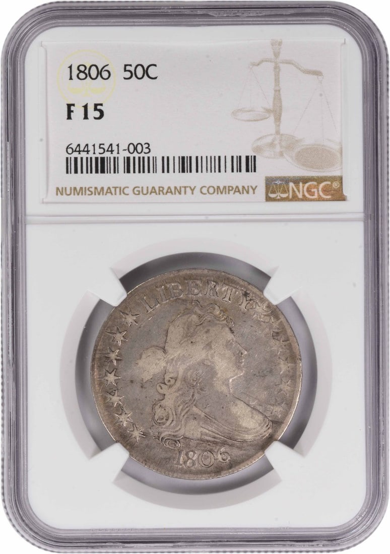 Pointed 6 Stem 1806 Bust Half Dollar NGC F15 Certified: Pointed 6 Stem 1806 Bust Half Dollar NGC F15 Certified This 1806 Bust Silver Half Dollar features the Pointed 6 variety with stem, graded F15 by NGC. Minted in Philadelphia, this historic coin was des