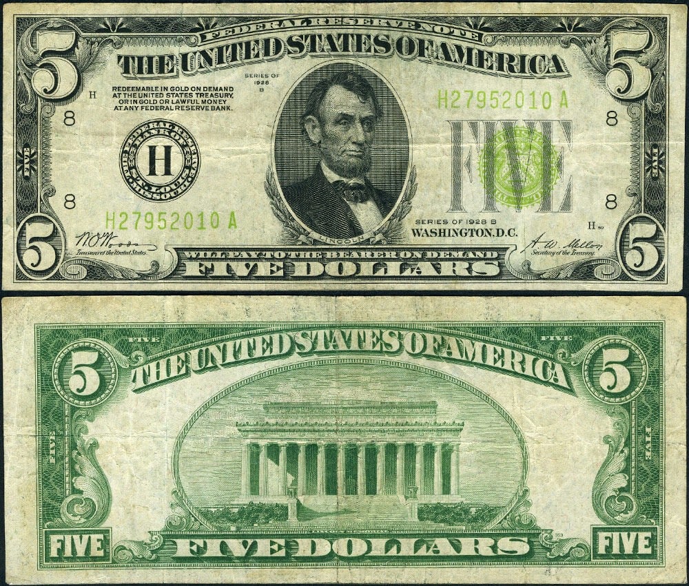 1928-B $5 St. Louis Federal Reserve Note H-A Block Light Green Seal VF (1 of 3)