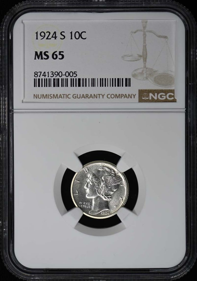 NGC MS65 1924 San Francisco Mercury Dime 10C Uncirculated: NGC MS65 1924 San Francisco Mercury Dime 10C Uncirculated This is a 1924-S Mercury Dime graded MS65 by NGC. The coin is uncirculated and was minted in San Francisco, United States. It is a pre-owned c