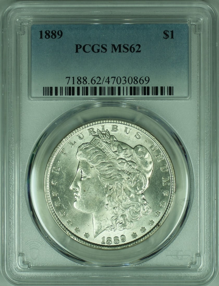PCGS MS-62 Certified 1889 Morgan Dollar Uncirculated Silver Philadelphia: PCGS MS-62 Certified 1889 Morgan Dollar Uncirculated Silver Philadelphia This is a 1889 Morgan Silver Dollar coin graded MS-62 by PCGS. The coin is uncirculated and was minted in Philadelphia. It is c