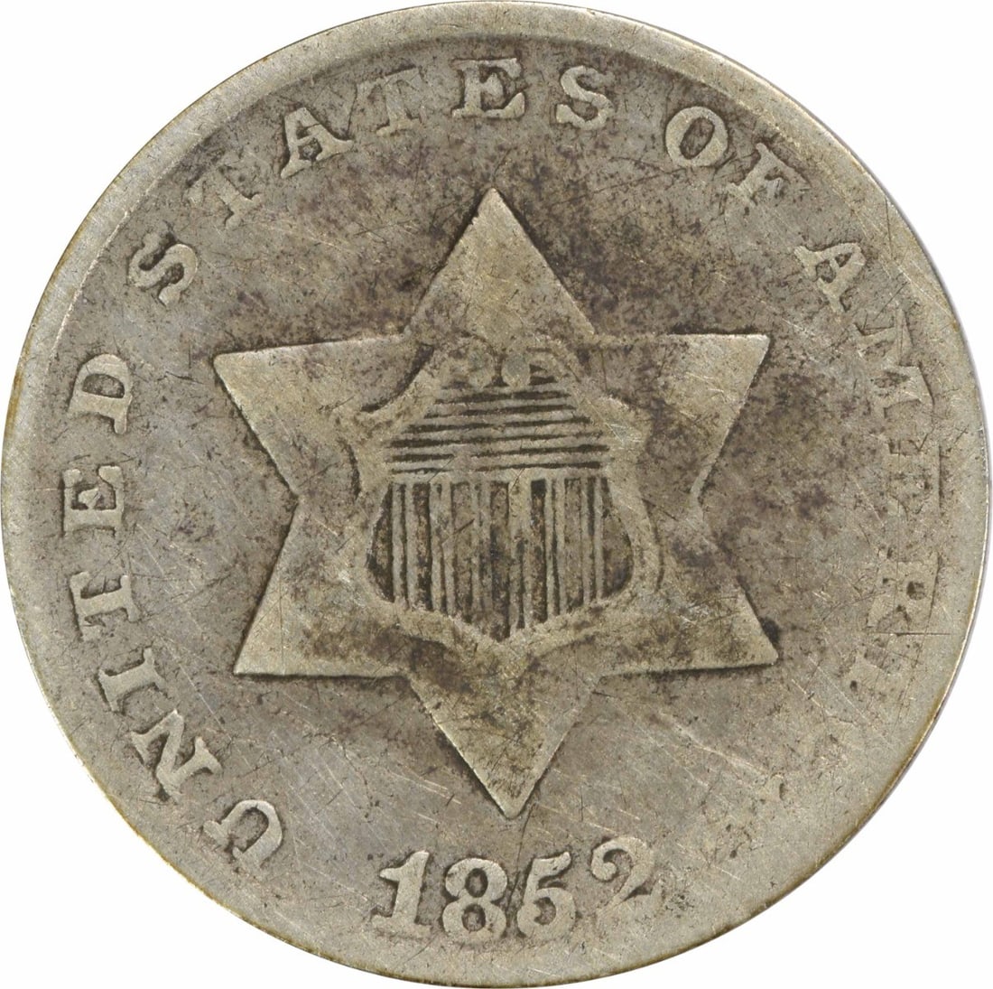 1852 Three Cent Silver Coin F Uncertified Philadelphia Mint: 1852 Three Cent Silver Coin F Uncertified Philadelphia Mint This 1852 Three Cent Silver coin is a remarkable piece of American numismatic history. Minted in Philadelphia, it features a composition of 